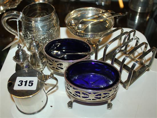 Pair George III silver salts, sundry silver, inc, mustard, pr peppers, toast rack & small tazza & a white metal mug